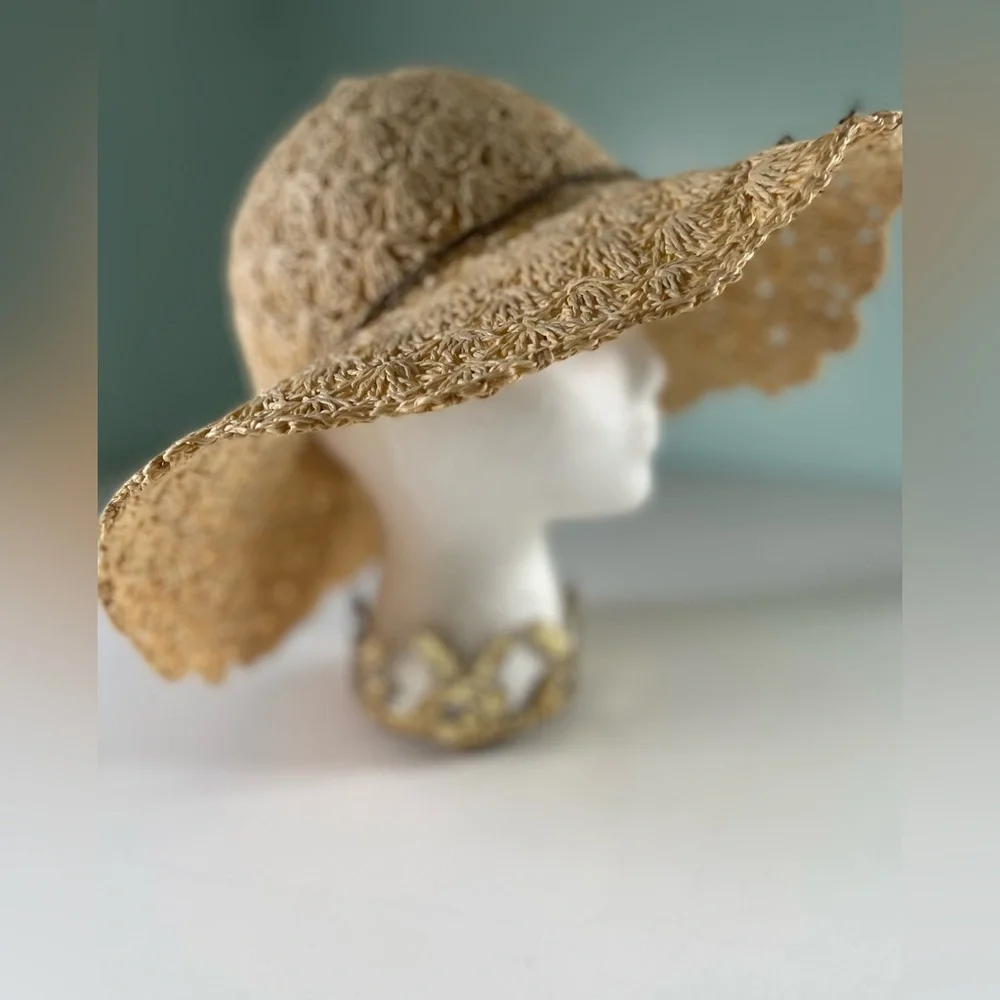 Floppy Textured Wide Brim Sun Hat with Brown Flower One Size
